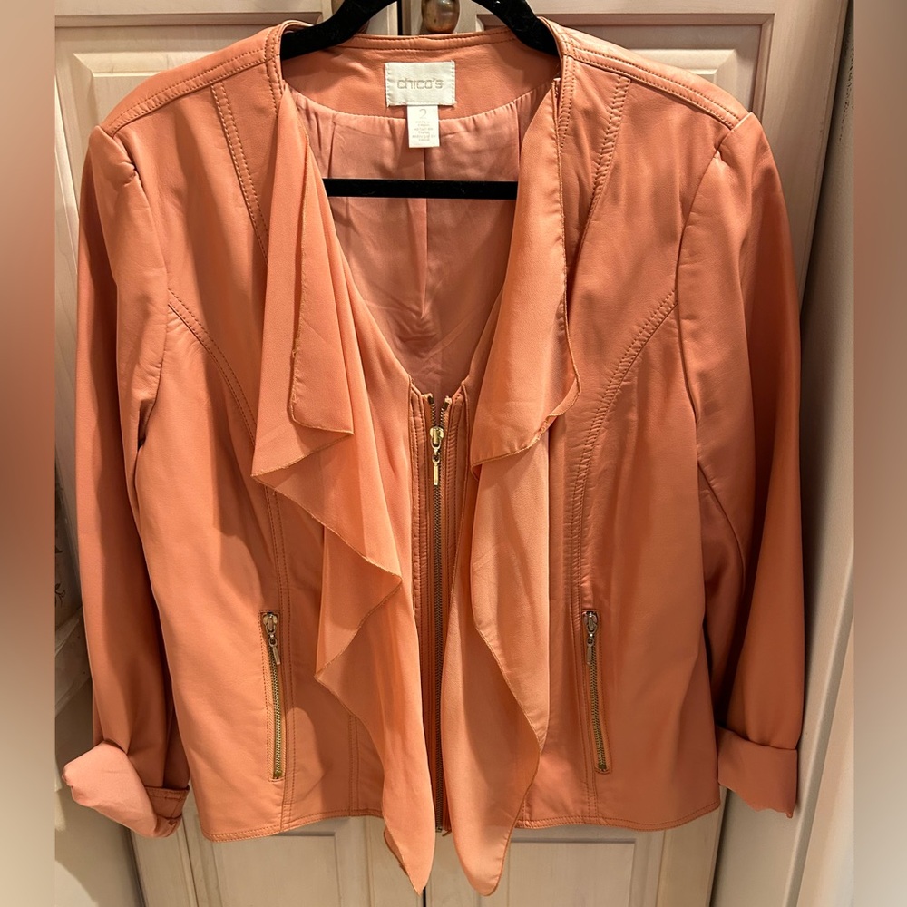 Chico’s Peach Faux Leather Moto Zip Up Jacket Detachable Collar Women Size 2 New